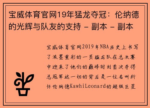 宝威体育官网19年猛龙夺冠：伦纳德的光辉与队友的支持 - 副本 - 副本