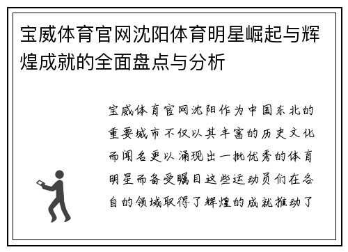 宝威体育官网沈阳体育明星崛起与辉煌成就的全面盘点与分析